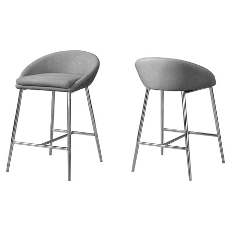 MONARCH SPECIALTIES Bar Stool, Set Of 2, Counter Height, Kitchen, Metal, Fabric, Grey, Chrome, Contemporary, Modern I 2298